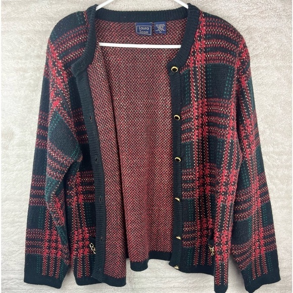Vintage Knit Plaid Cardigan Blazer Gold Buttons Sz XL Birdseye Preppy Xmas - Picture 2 of 12